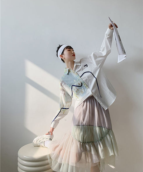 Asymmetric Art Panel Drawcord Shirt